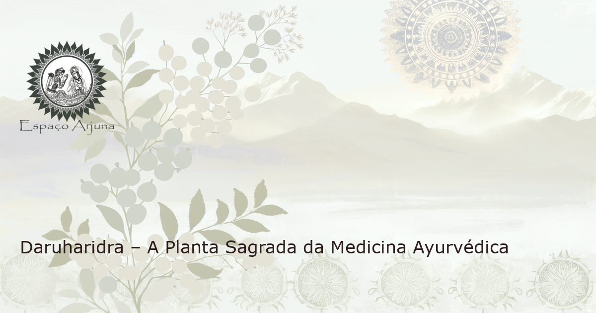 The image displays the Daruharidra plant with its richly colored berries and leaves, set against a serene Himalayan backdrop.