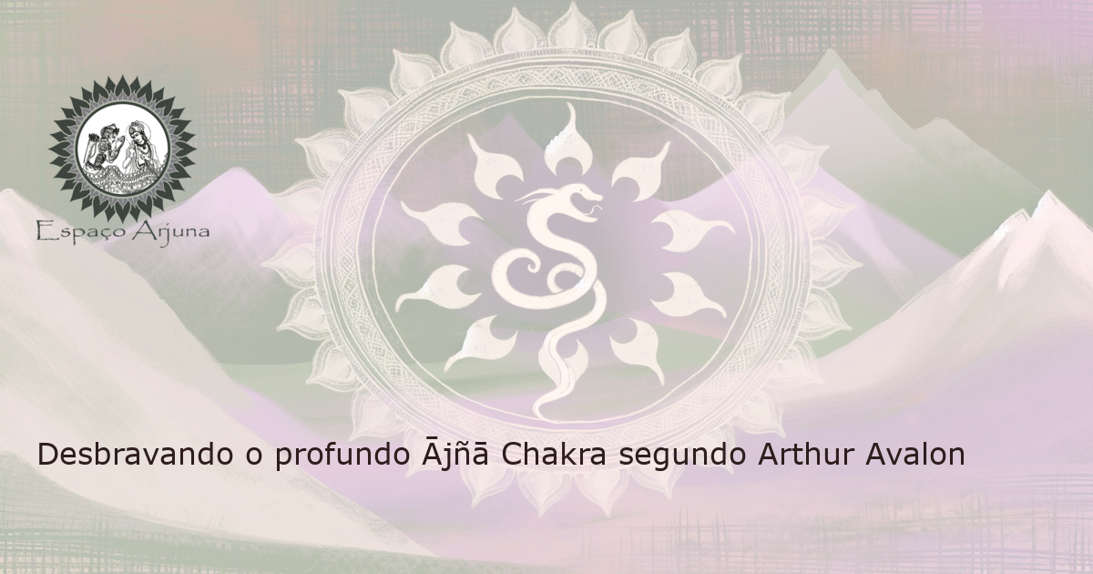 Desenho místico de uma serpente kundalini ascensionando envolta de uma roda de chakras sagrados, contra uma paisagem de montanha serena