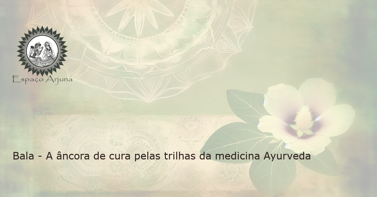 A pintura em aquarela da planta medicinal Bala (Sida Cordifolia) em floração, disposta sobre um antigo manuscrito Ayurvédico, com uma aura curativa em torno dela.