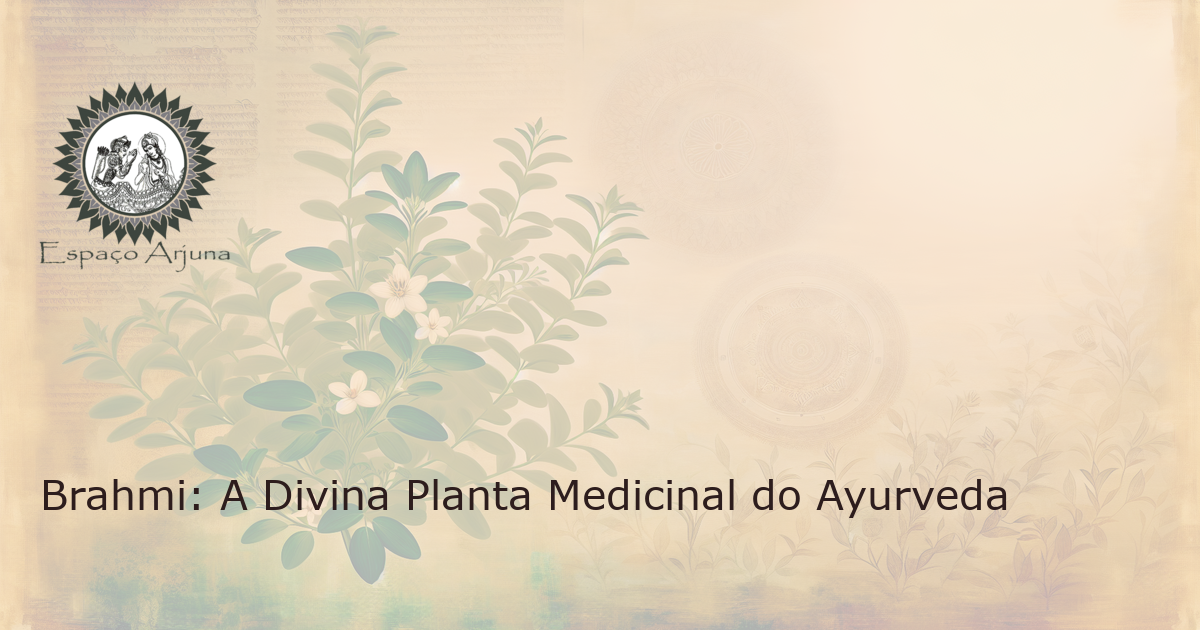 Ilustração da planta Brahmi florescendo em um jardim Ayurvédico ao amanhecer, com pergaminhos de cura antigos ao fundo.
