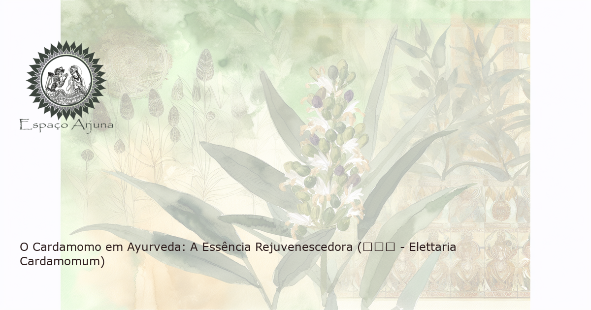 Pintura de uma planta de cardamomo exuberante (Elettaria cardamomum) em estilo aguarela, mostrando suas folhas verdes, flores vibrantes brancas e roxas e vagens amadurecidas amarelas contra um fundo quente e terroso de um jardim indiano.