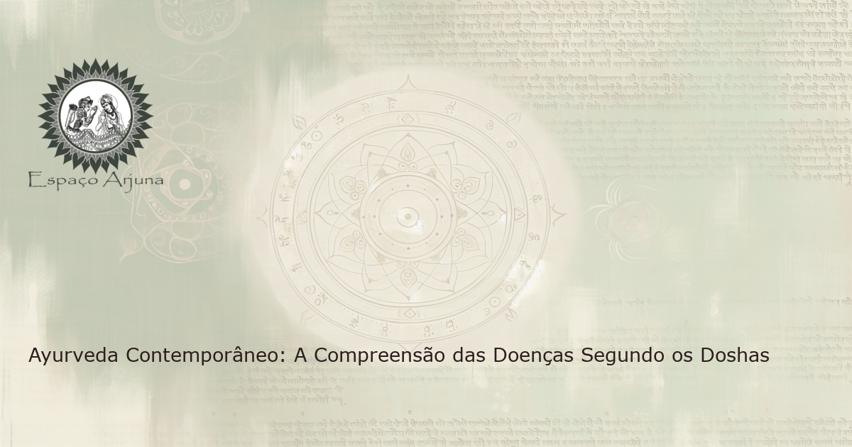 Ilustração científica dos Doshas Ayurvédicos Vata, Pitta, Kapha com um fundo de manuscritos antigos em sânscrito