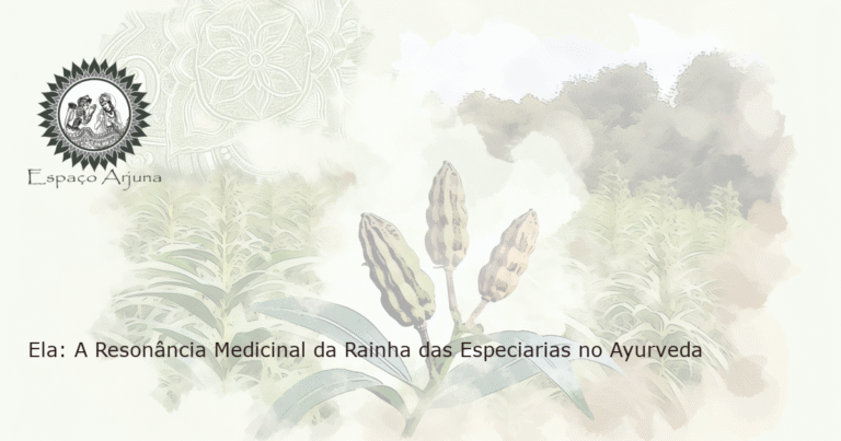 Illustração realista da planta Ela (Cardamom) em seu habitat natural, cercada por uma vegetação exuberante, com vagens de cardamomo em destaque no centro.
