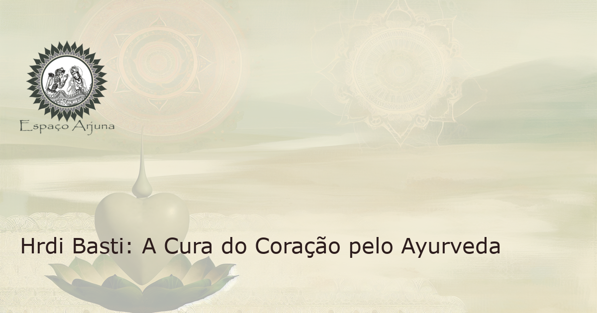 Ilustração realista de um vaso em formato de coração contendo óleos medicinais, com um antigo manuscrito Ayurvédico ao fundo.