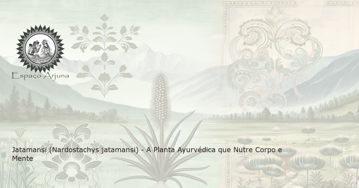 Ilustração realista da planta Jatamansi (Nardostachys jatamansi), exibindo suas raízes bulbosas, hirsutas e um caule floral ascendente, ao fundo, a serenidade do cenário himalaio.