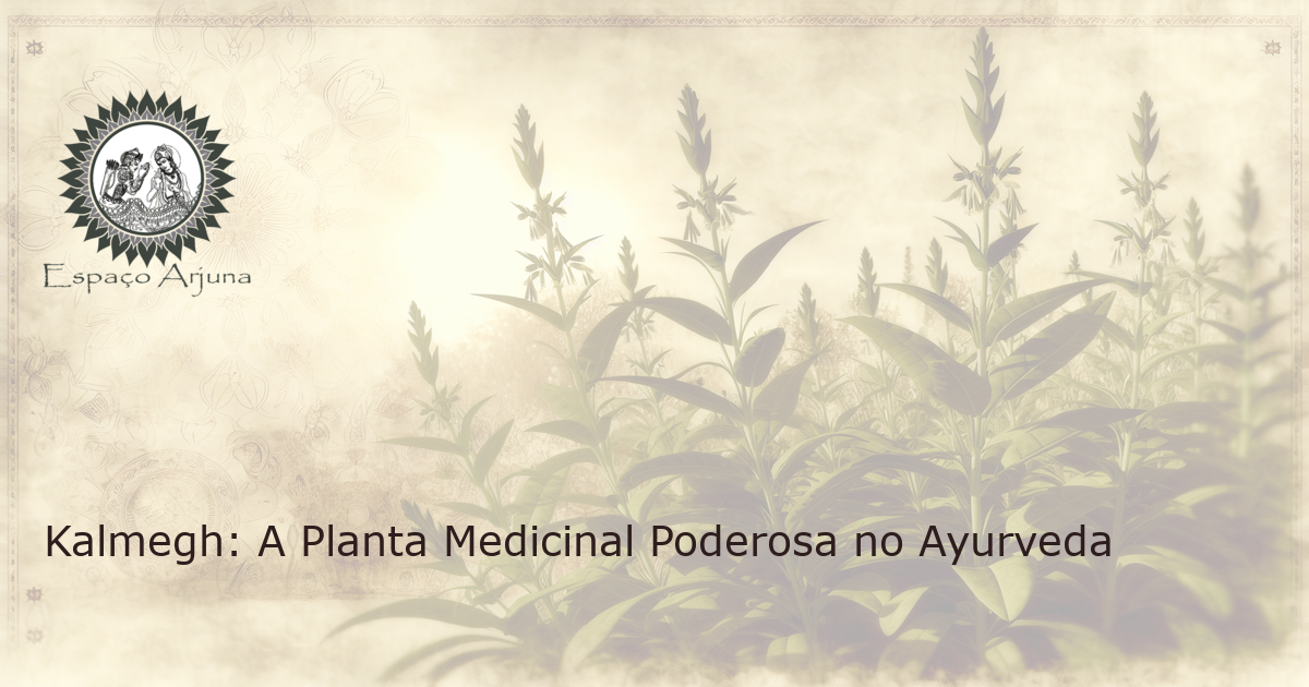 Ilustração realista da planta medicinal Kalmegh (Andrographis paniculata) em um jardim sereno ao amanhecer.