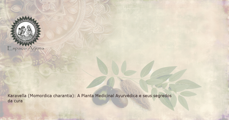 Imagem da fruta, folhas e raízes da planta Karavella com um fundo relacionado ao Ayurveda.