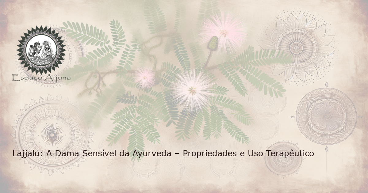 Ilustração detalhada e realista da planta medicinal Lajjalu (Mimosa pudica) com suas folhas 'sensíveis' e delicadas flores rosa