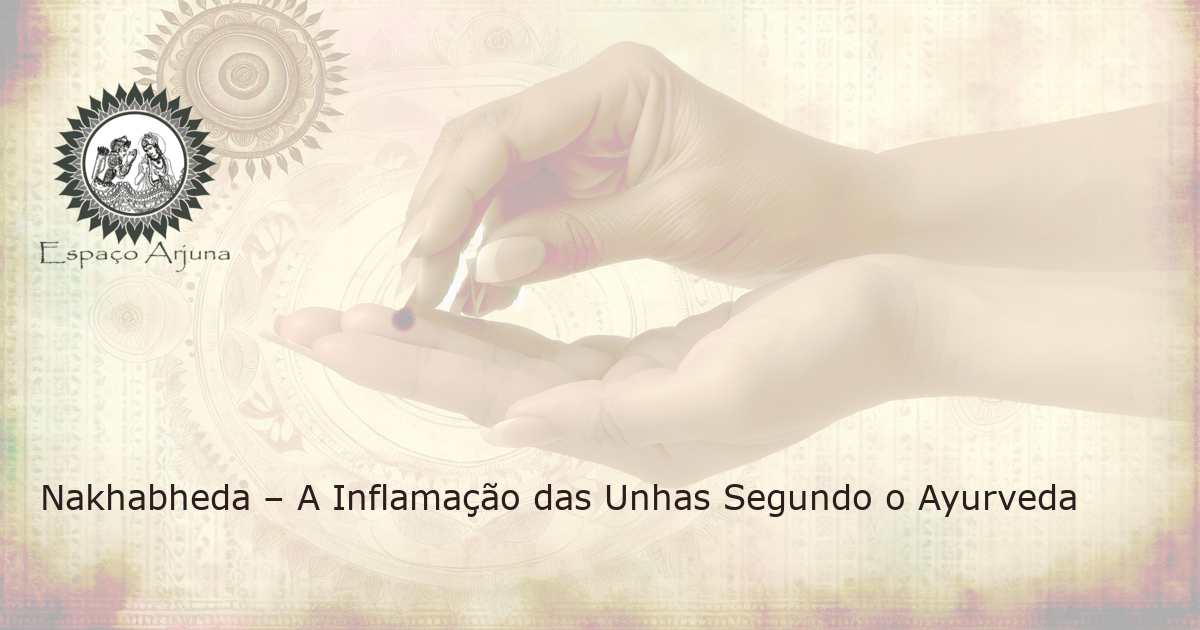 Mão aplicando óleo ayurvédico na unha inflamada, papel central em um cenário de clínica ayurvédica.