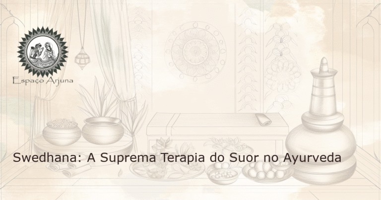 Imagem de uma sala calma e serena de terapia a vapor ayurvédica com tachos em latão, mesa de madeira para massagem e ervas aromáticas.