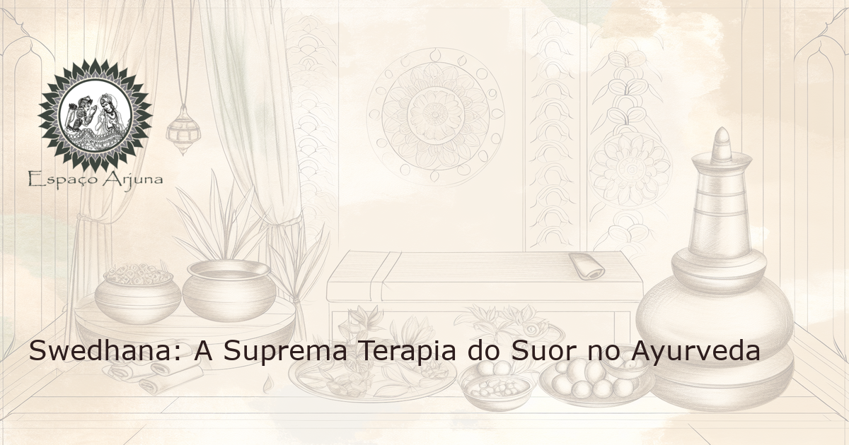 Imagem de uma sala calma e serena de terapia a vapor ayurvédica com tachos em latão, mesa de madeira para massagem e ervas aromáticas.