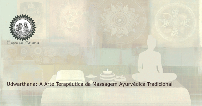 Imagem realista de uma sala de terapia ayurvédica tranquila, com um indivíduo recebendo tratamento Udwarthana, iluminada pela luz da manhã, sem texto.