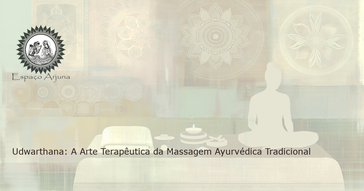 Imagem realista de uma sala de terapia ayurvédica tranquila, com um indivíduo recebendo tratamento Udwarthana, iluminada pela luz da manhã, sem texto.