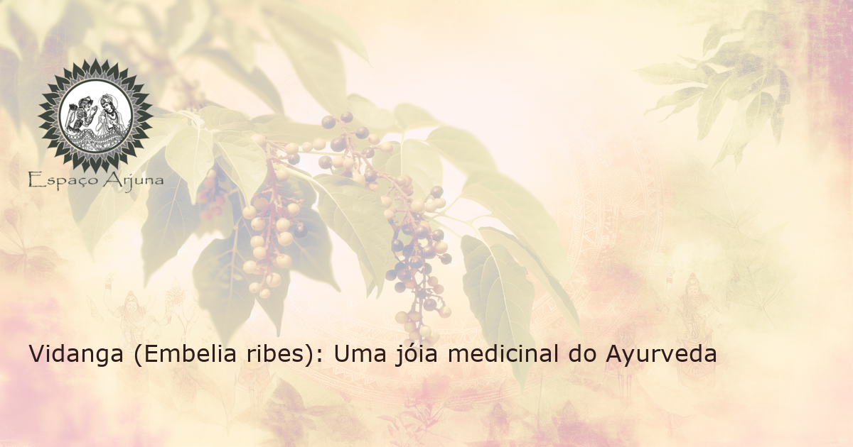 Imagem realista da planta medicinal Vidanga (Embelia ribes) à luz do sol, destacando suas folhas e frutos, em um contexto ayurvédico com fundo indiano
