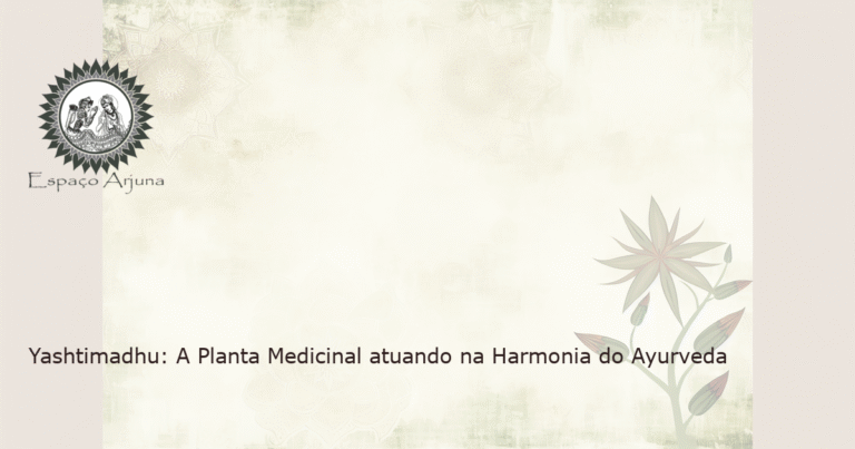 Ilustração da planta medicinal Yashtimadhu (Alcaçuz) em um tranquilo jardim ayurvédico.