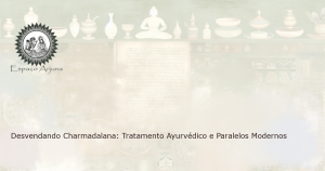 Um cenário clínico ayurvédico realista com ervas, poções e manuscritos sânscritos