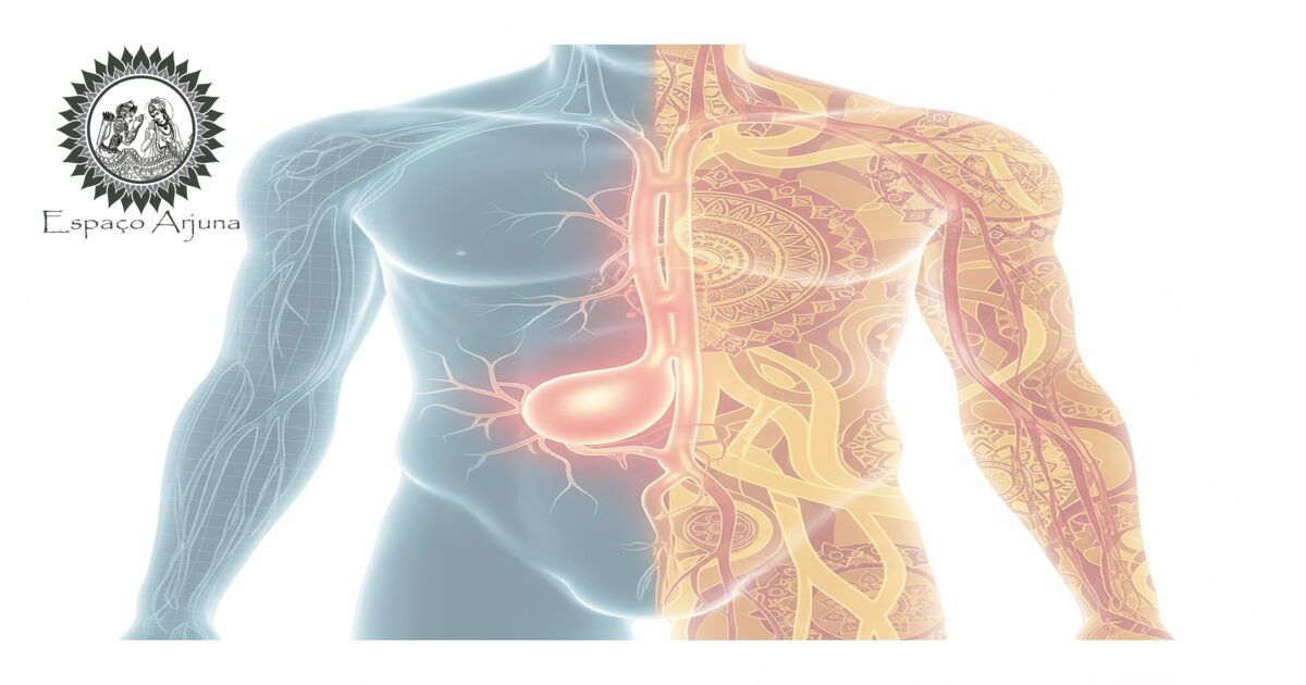 Esquema da aorta abdominal com aneurisma e referências ayurvédicas