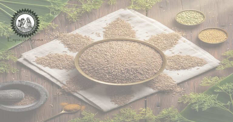 Sementes de cominho (jīraka) em tigela, mostrando cor, aroma e textura