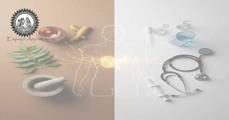 Ilustração comparativa sobre diabetes e conceitos ayurvédicos (prameha/madhumeha).