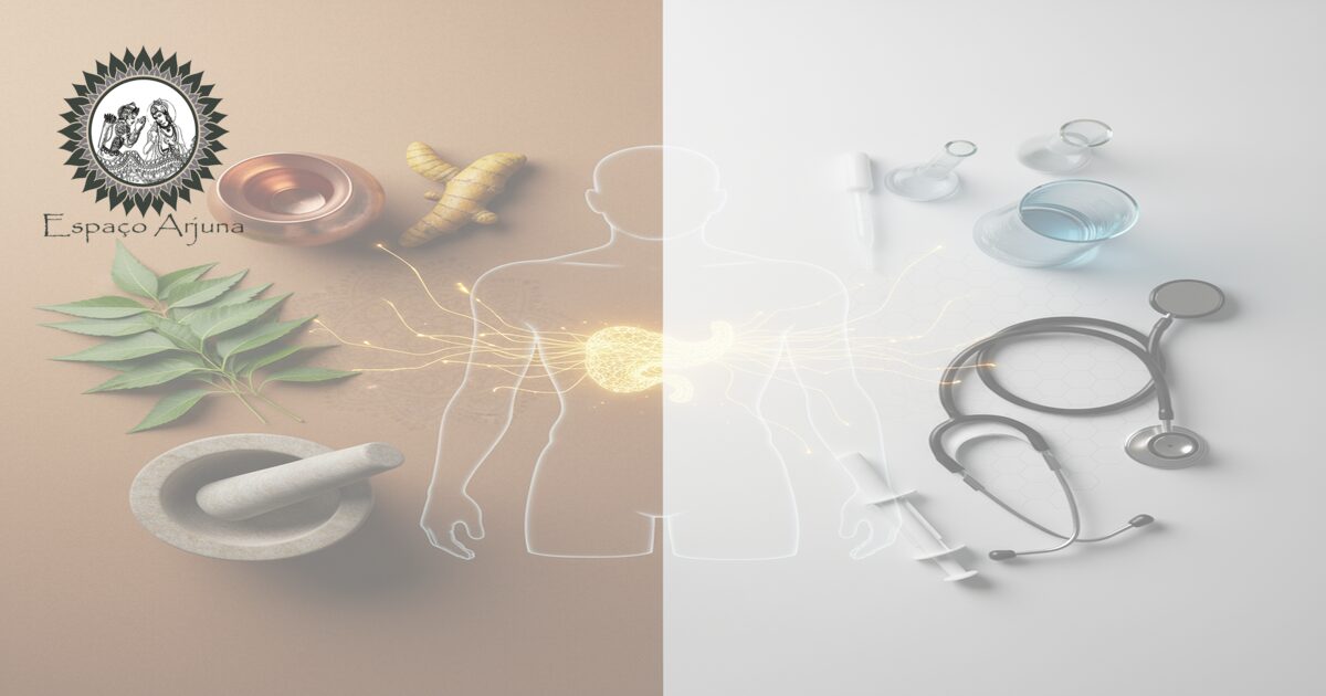 Ilustração comparativa sobre diabetes e conceitos ayurvédicos (prameha/madhumeha).