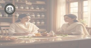 Consulta ayurvédica ilustrativa sobre Haridratva com decoções, ervas e paciente em ambiente clínico.