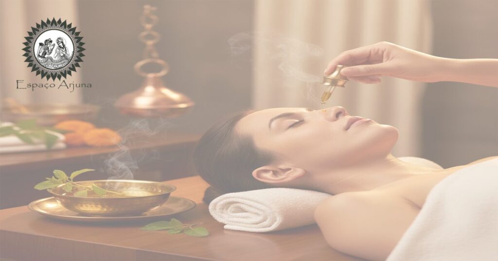 Aplicação tradicional de nasya com óleo na entrada da narina