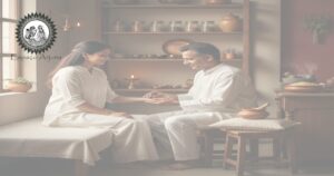 Consultório ayurvédico com ervas e preparação para Vamanatva (tendência ao vômito).