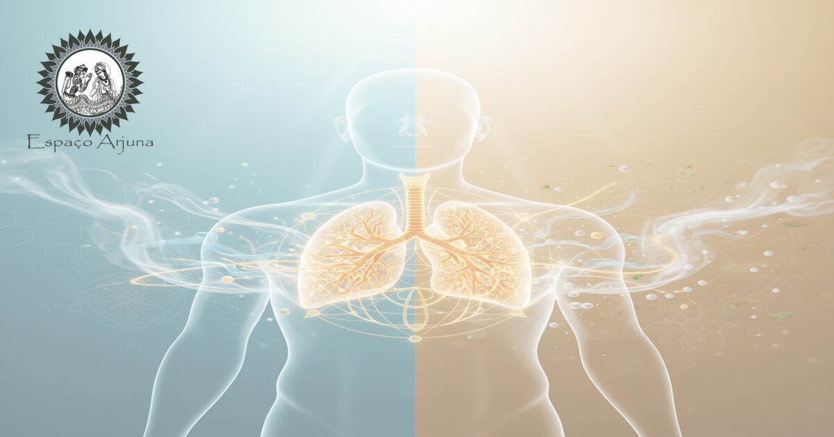 Ilustração conceitual sobre asma grave e categorias ayurvédicas Tāmaka Śvāsa