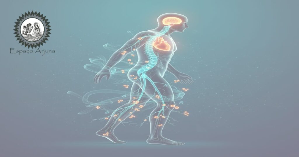 Ilustração esquemática da ataxia de Friedreich e da integração entre abordagem biomédica e Ayurveda