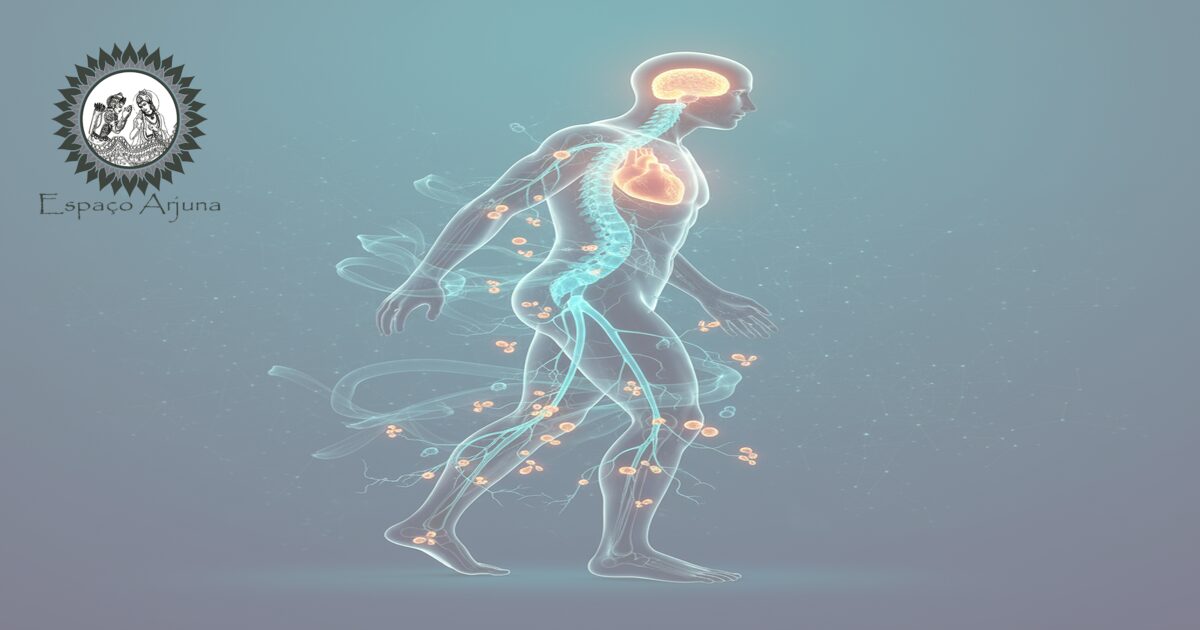 Ilustração esquemática da ataxia de Friedreich e da integração entre abordagem biomédica e Ayurveda