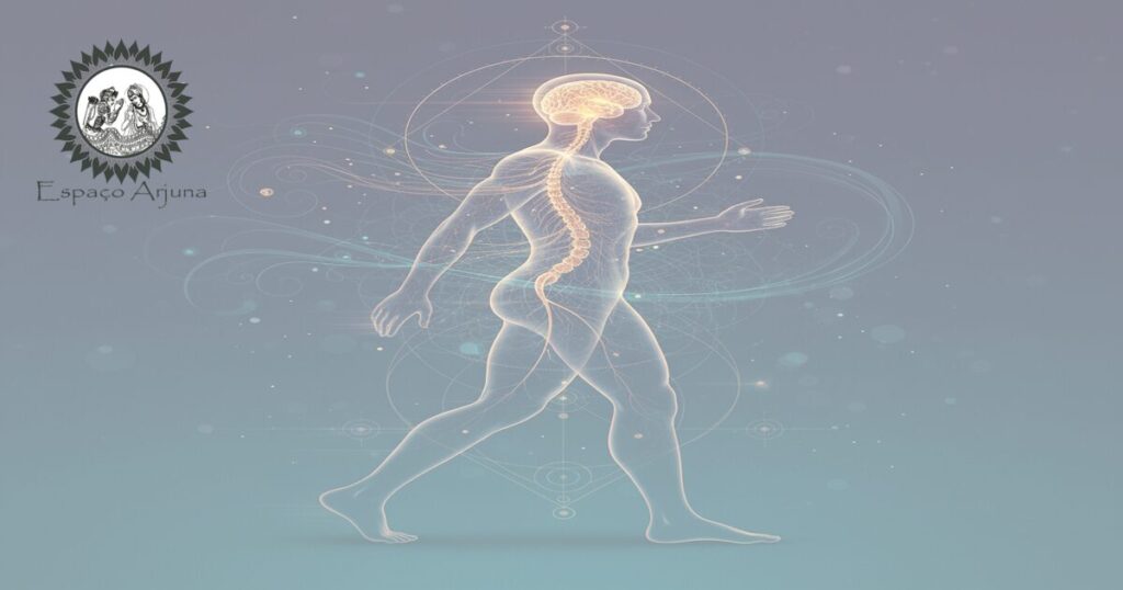 Ilustração conceitual sobre ataxias e interação entre visão biomédica e Ayurveda