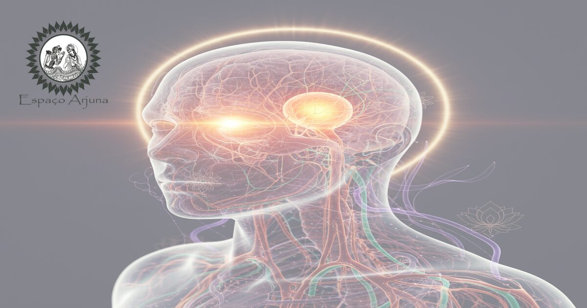 Ilustração conceitual sobre cefaleia em salvas comparando perspectivas biomédica e ayurvédica.