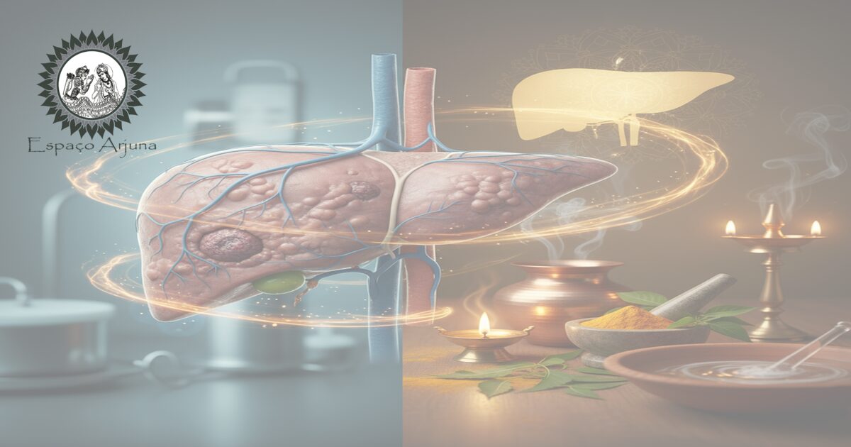 Imagem conceitual sobre cirrose comparada à perspectiva ayurvédica
