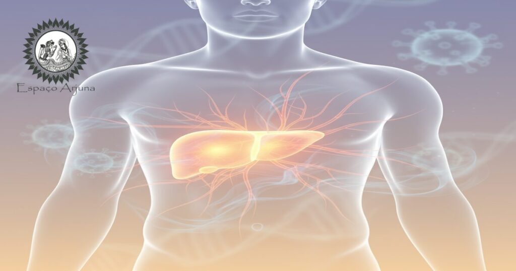 Ilustração do fígado e conceitos ayurvédicos relacionados a pitta na hepatite C crônica.