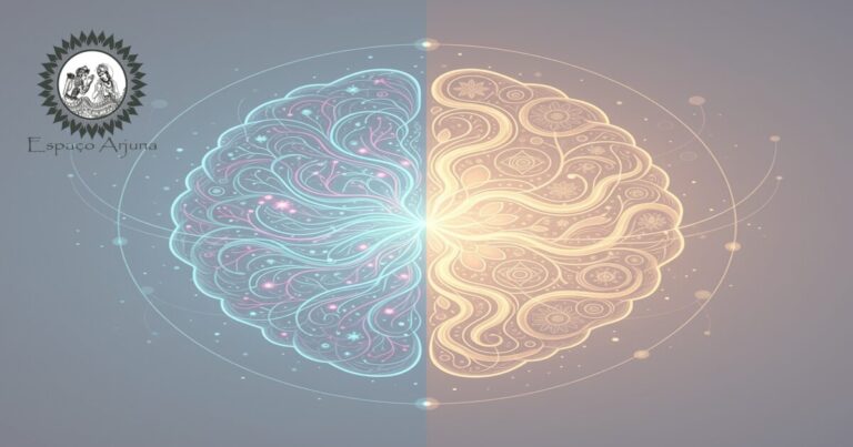 Ilustração comparativa do comprometimento cognitivo leve e conceitos ayurvédicos relacionados à memória.