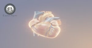 Coração estilizado mostrando área de infarto e integração entre cuidados médicos e ayurvédicos.