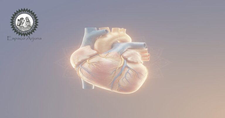 Coração estilizado mostrando área de infarto e integração entre cuidados médicos e ayurvédicos.