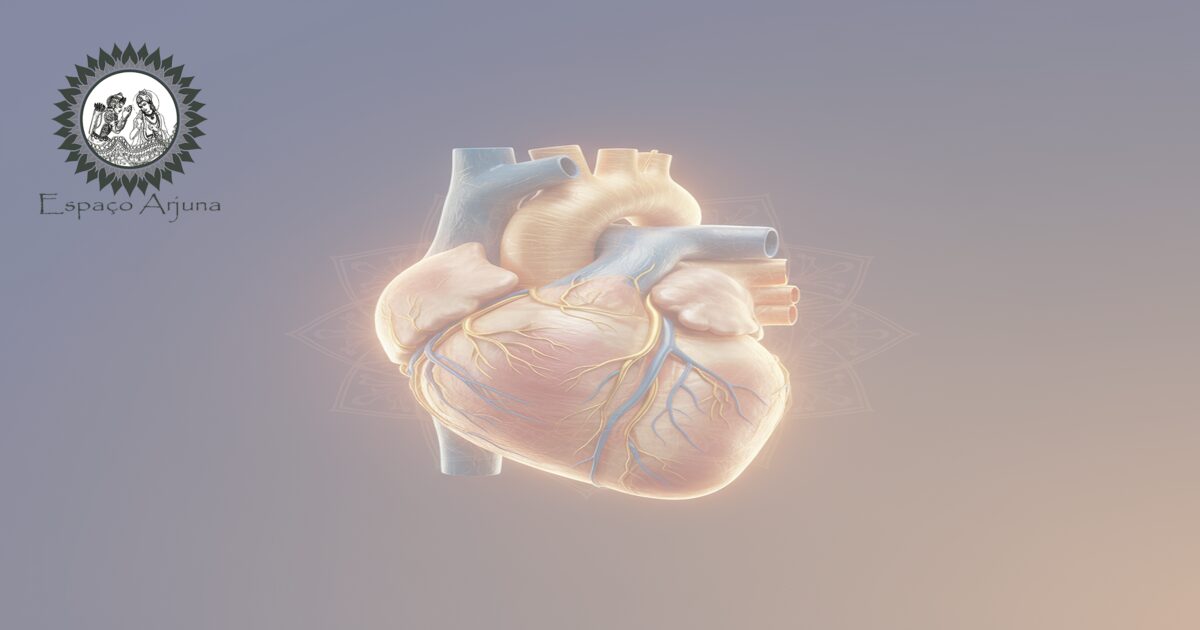 Coração estilizado mostrando área de infarto e integração entre cuidados médicos e ayurvédicos.