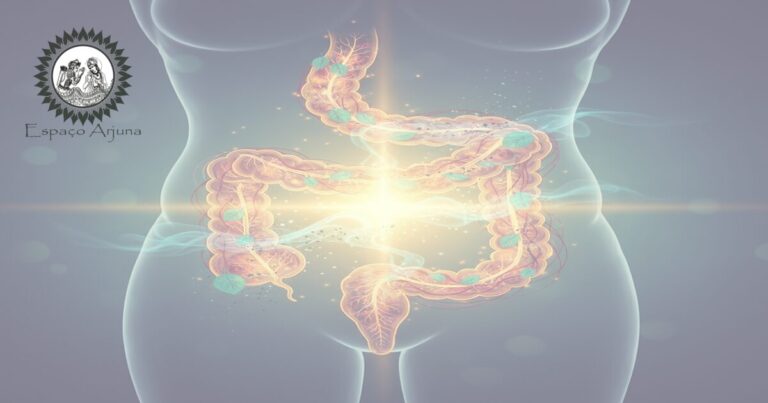 Ilustração do cólon com inflamação representando retocolite e interação entre medicina ocidental e Ayurveda.