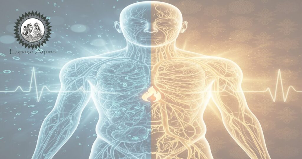 Diagrama comparativo ilustrando conceitos de sepse na medicina biomédica e no Ayurveda, destacando Agni, Āma e Ojas.