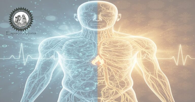 Diagrama comparativo ilustrando conceitos de sepse na medicina biomédica e no Ayurveda, destacando Agni, Āma e Ojas.