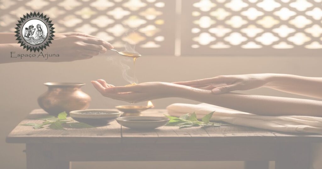 Representacao de snehana: pratica de oleacao ayurvedica (snehapana e abhyanga)