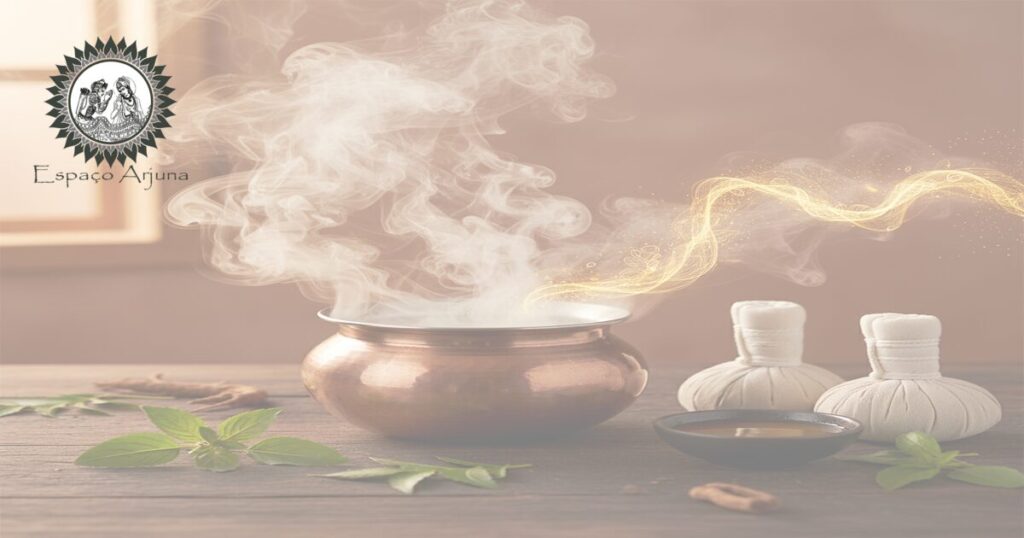 Sessão de svedana: sudação terapêutica e calor aplicado segundo o Ayurveda.